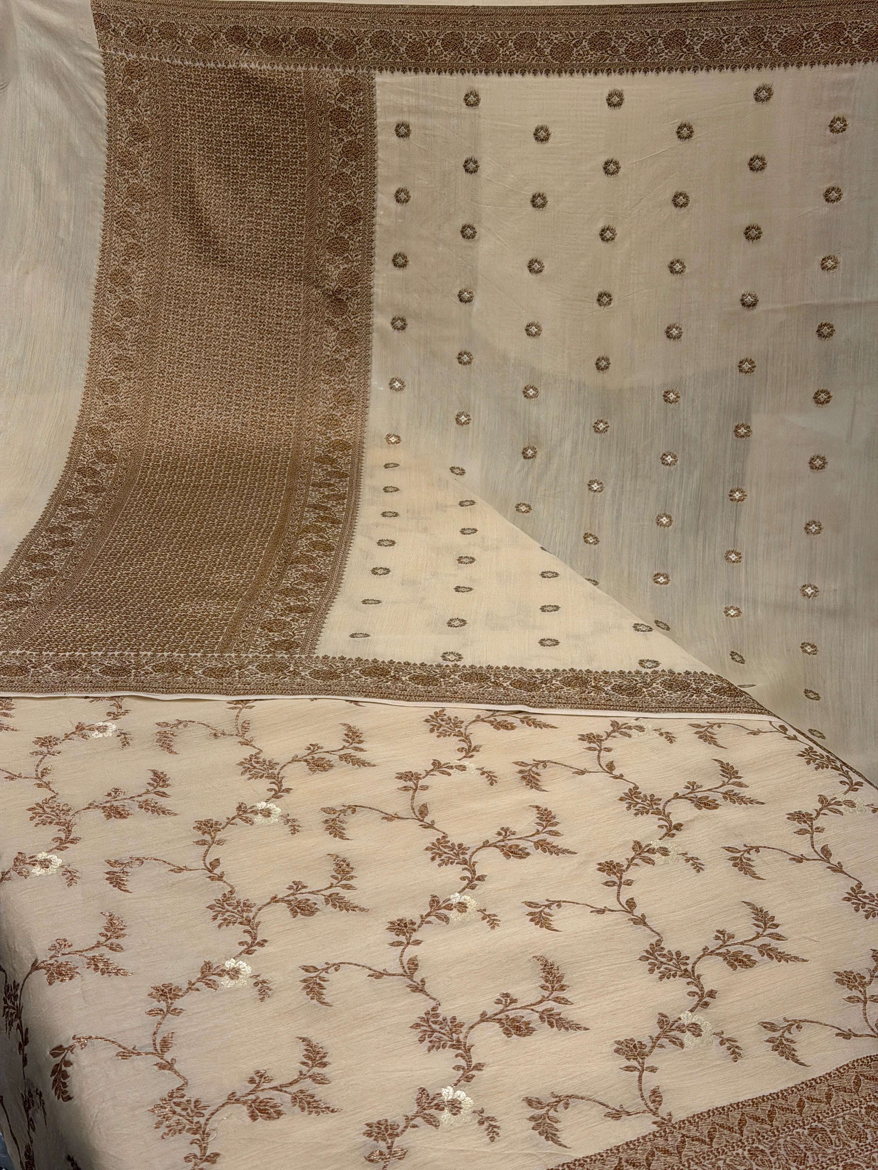Classic Ivory Pure Monga Silk Suit With Antique Sari Work