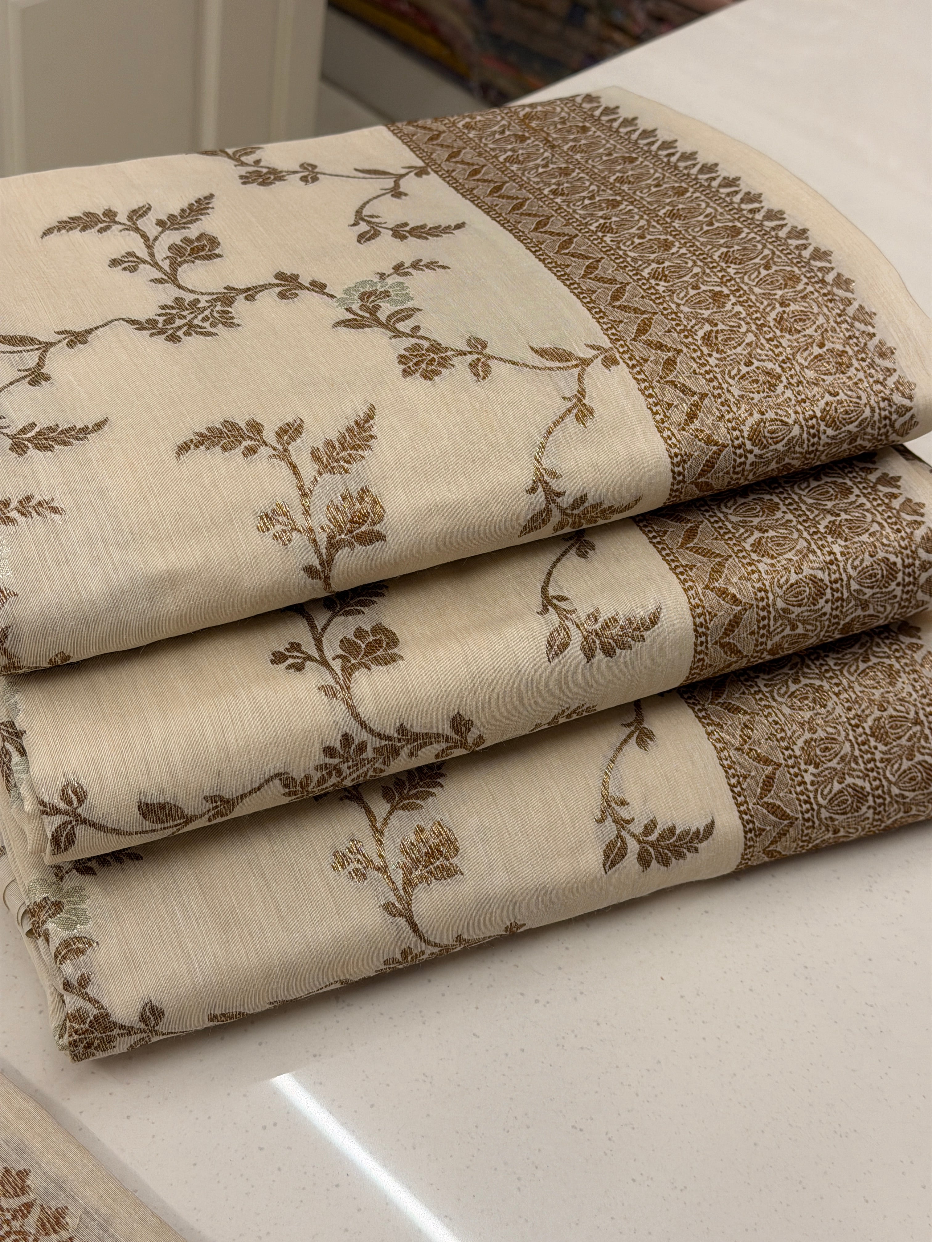 Classic Ivory Pure Monga Silk Suit With Antique Sari Work