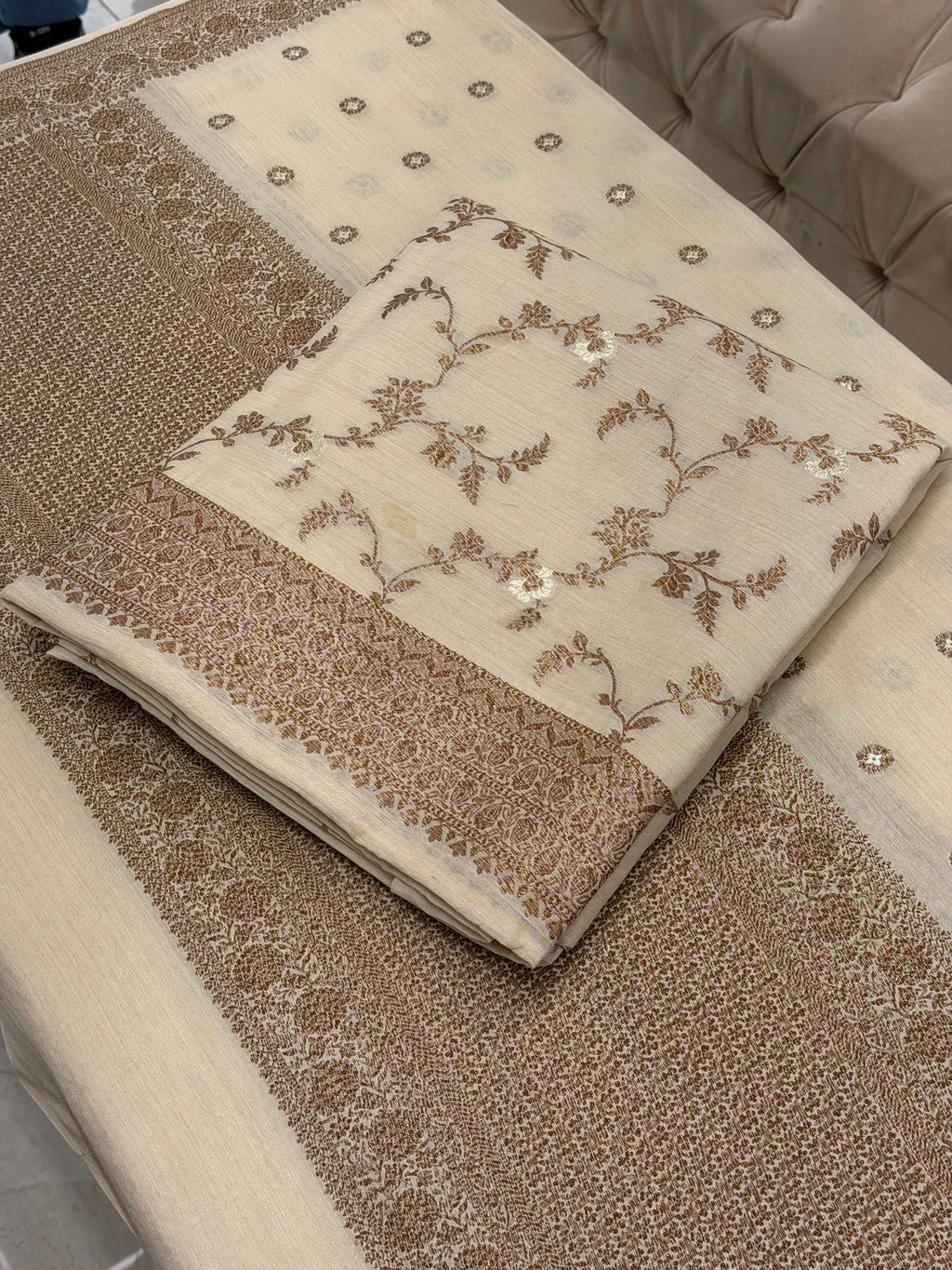 Classic Ivory Pure Monga Silk Suit With Antique Sari Work