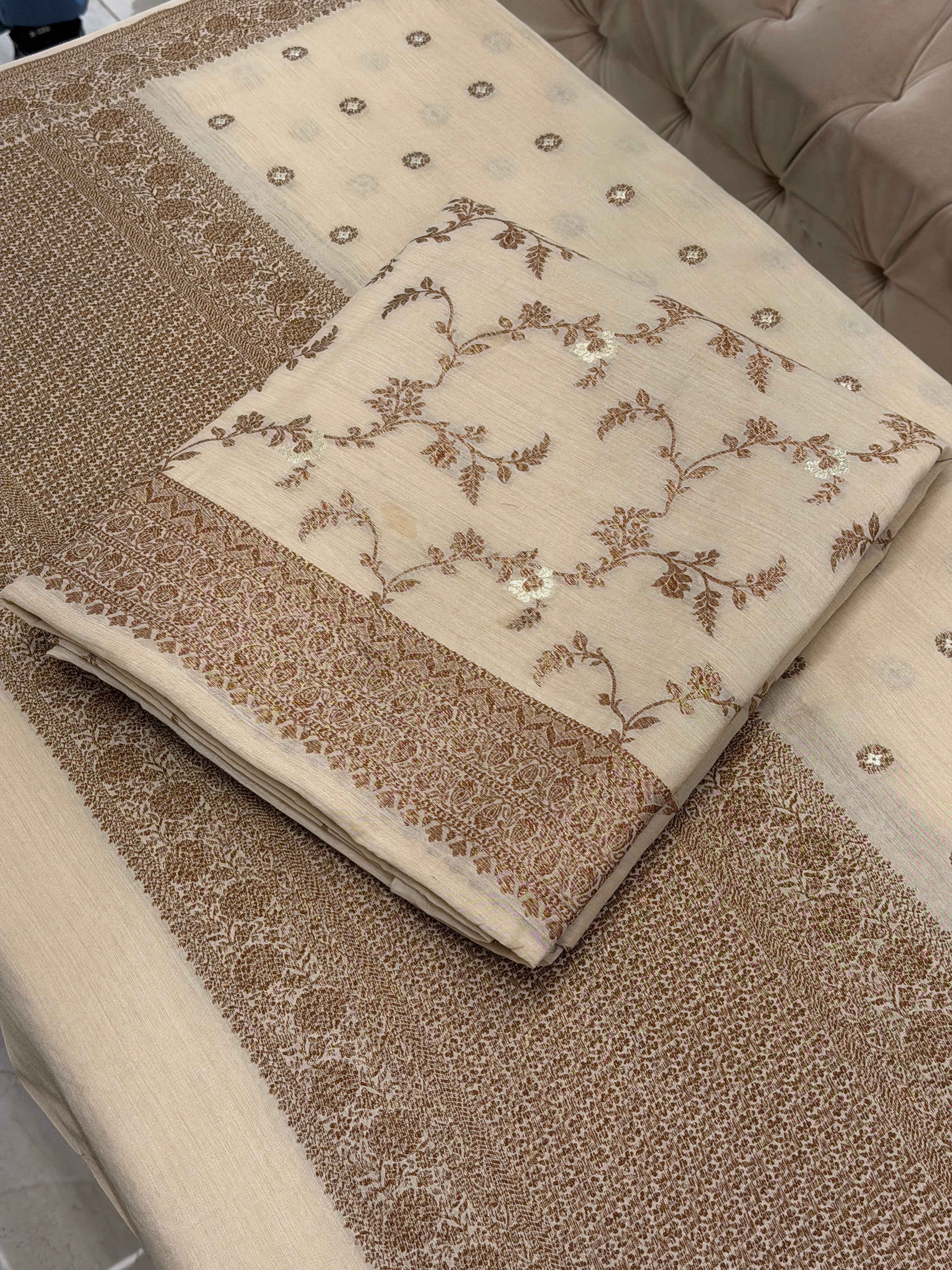 Classic Ivory Pure Monga Silk Suit With Antique Sari Work