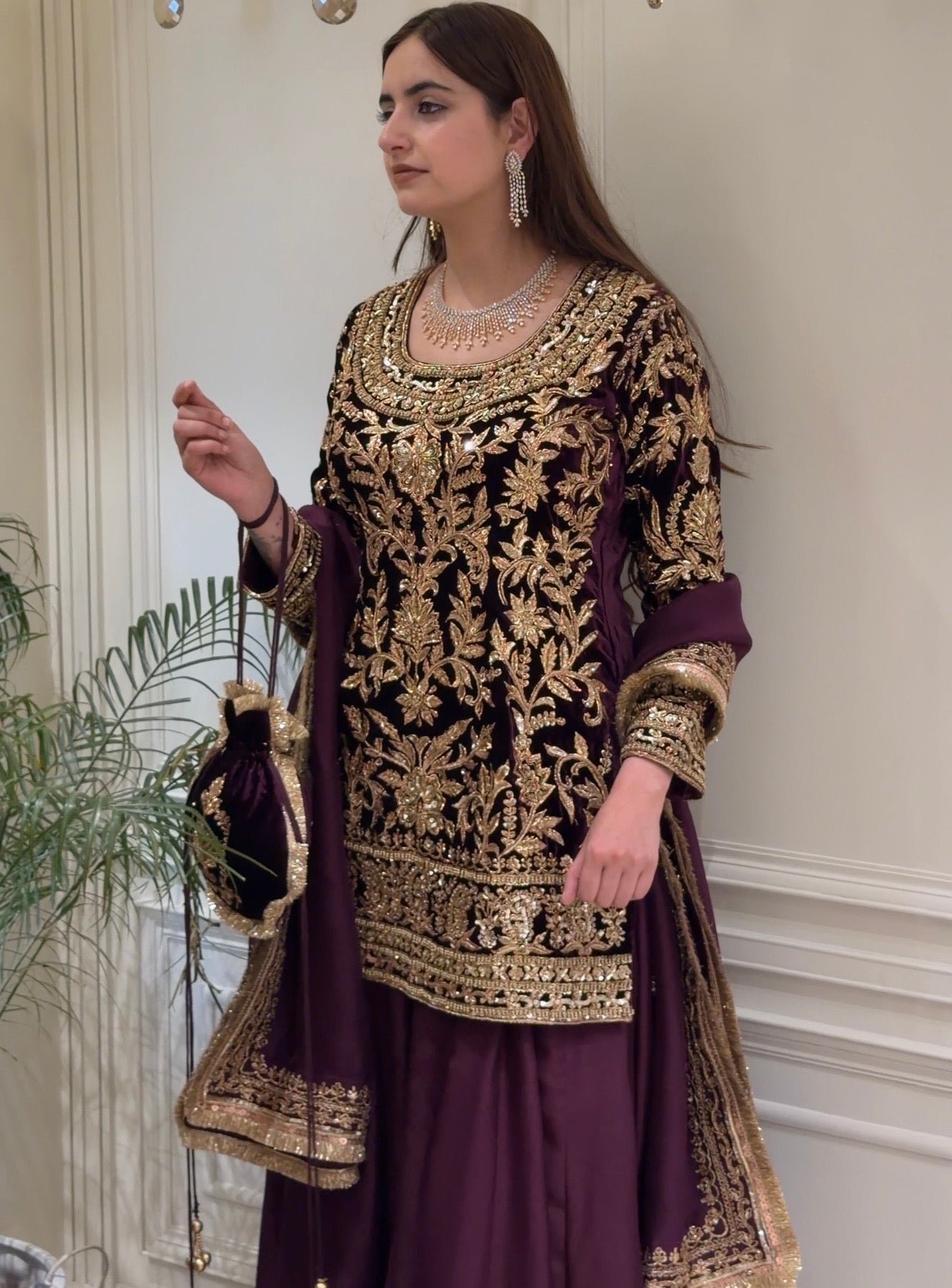 Noor-e-Sultan Velvet Sharara Set with Potli