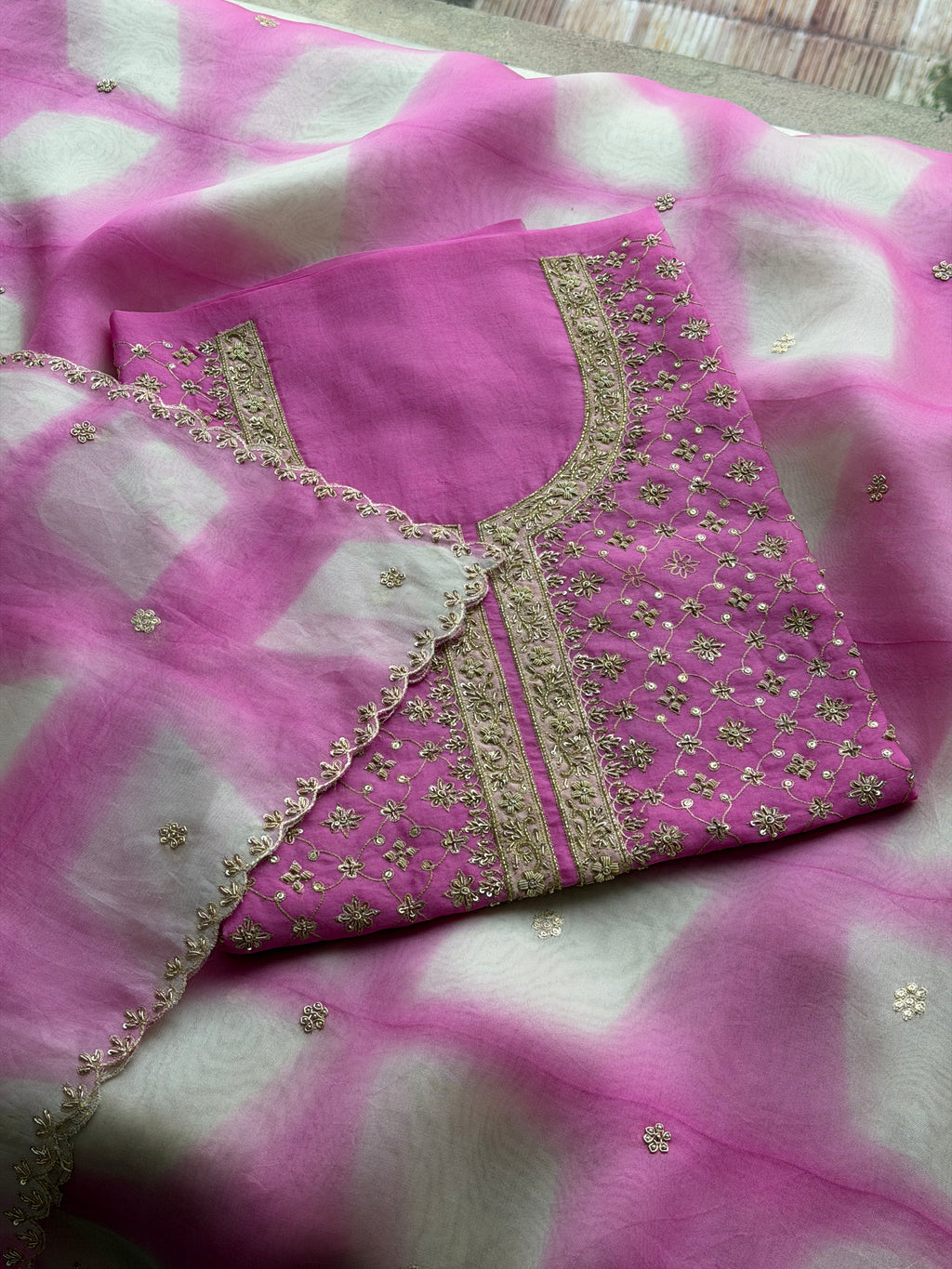 Pink Ombre Organza Suit with Hand Embroidery