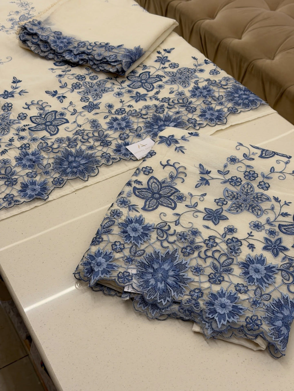 Blue Floral Embroidered Pure Chanderi Luxury Formal Unstitched Suit