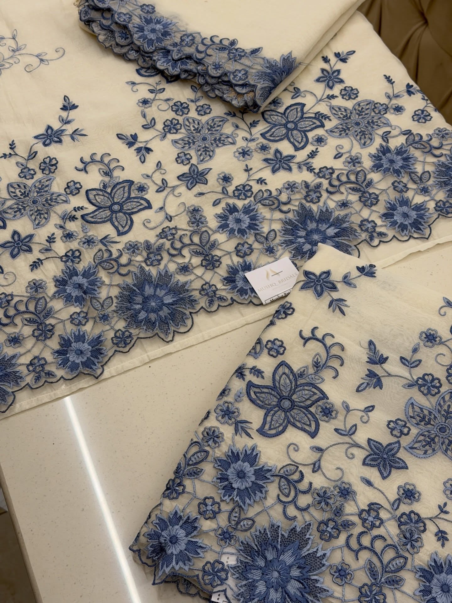 Blue Floral Embroidered Pure Chanderi Luxury Formal Unstitched Suit