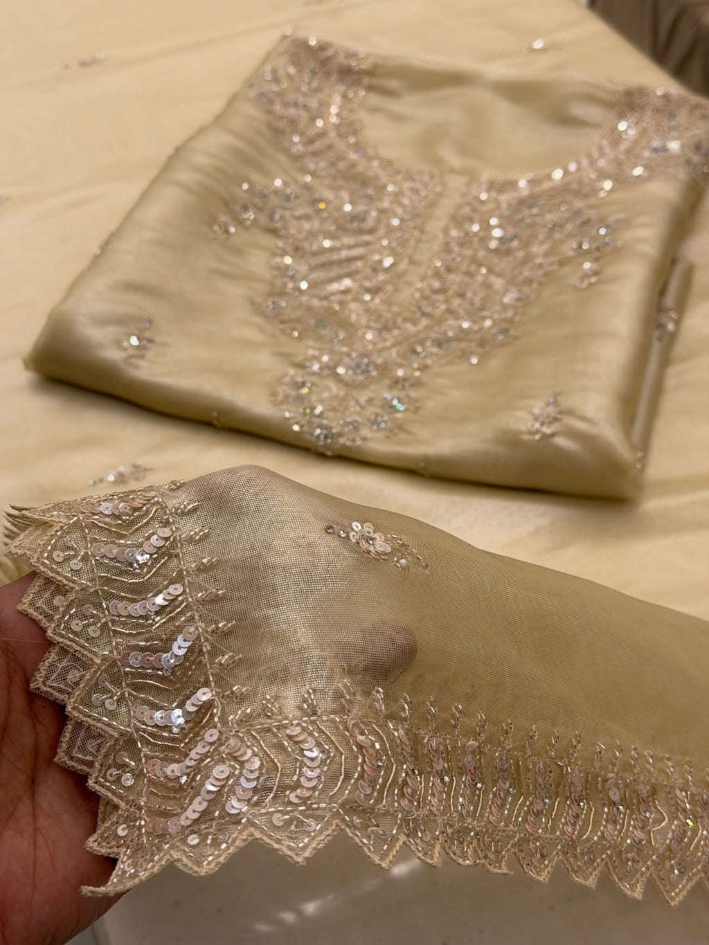 Ivory Champagne Tissue Suit With Hand Embellished Detailing