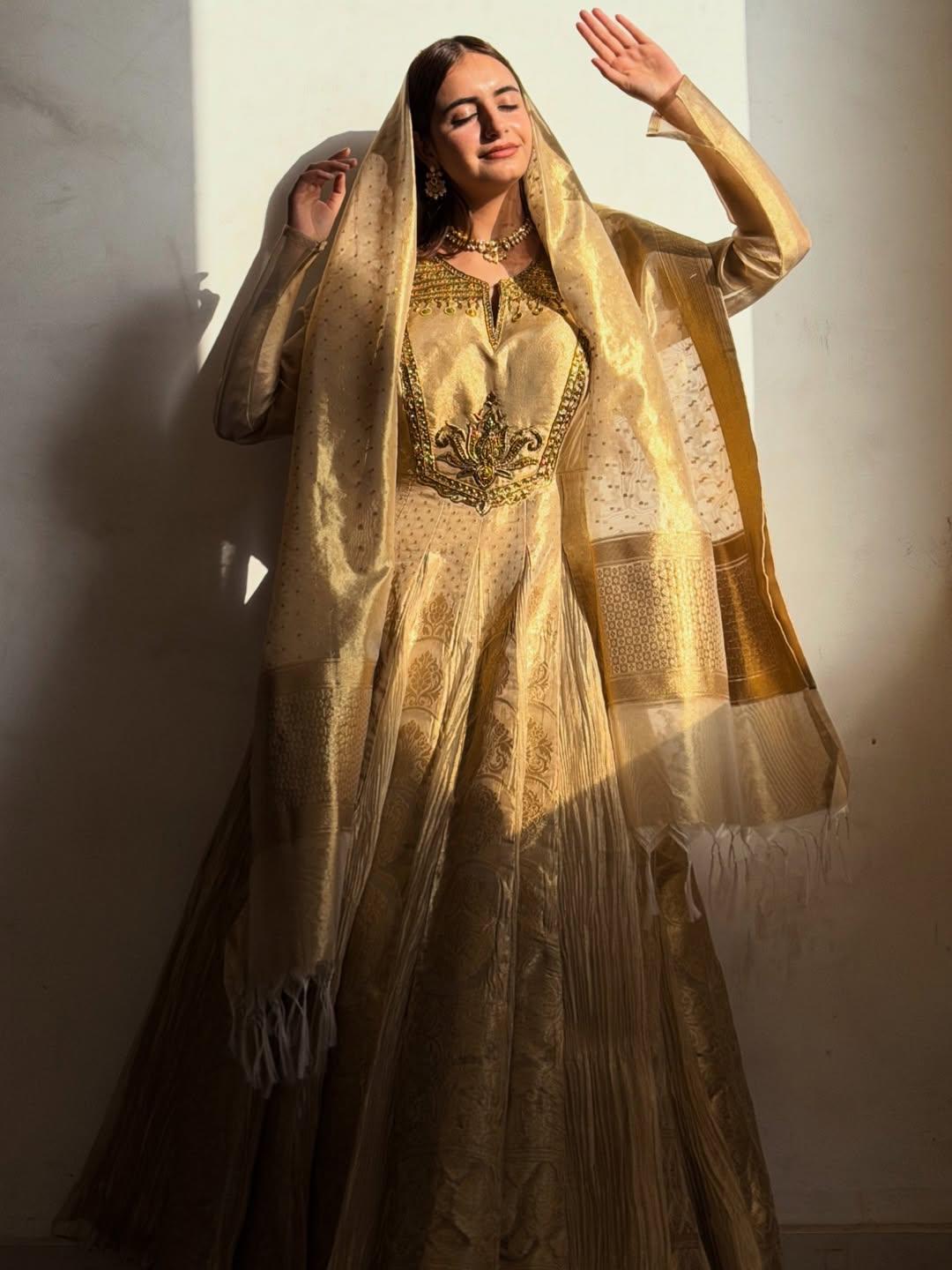 Classic Gold Banarasi Anarkali Ensemble