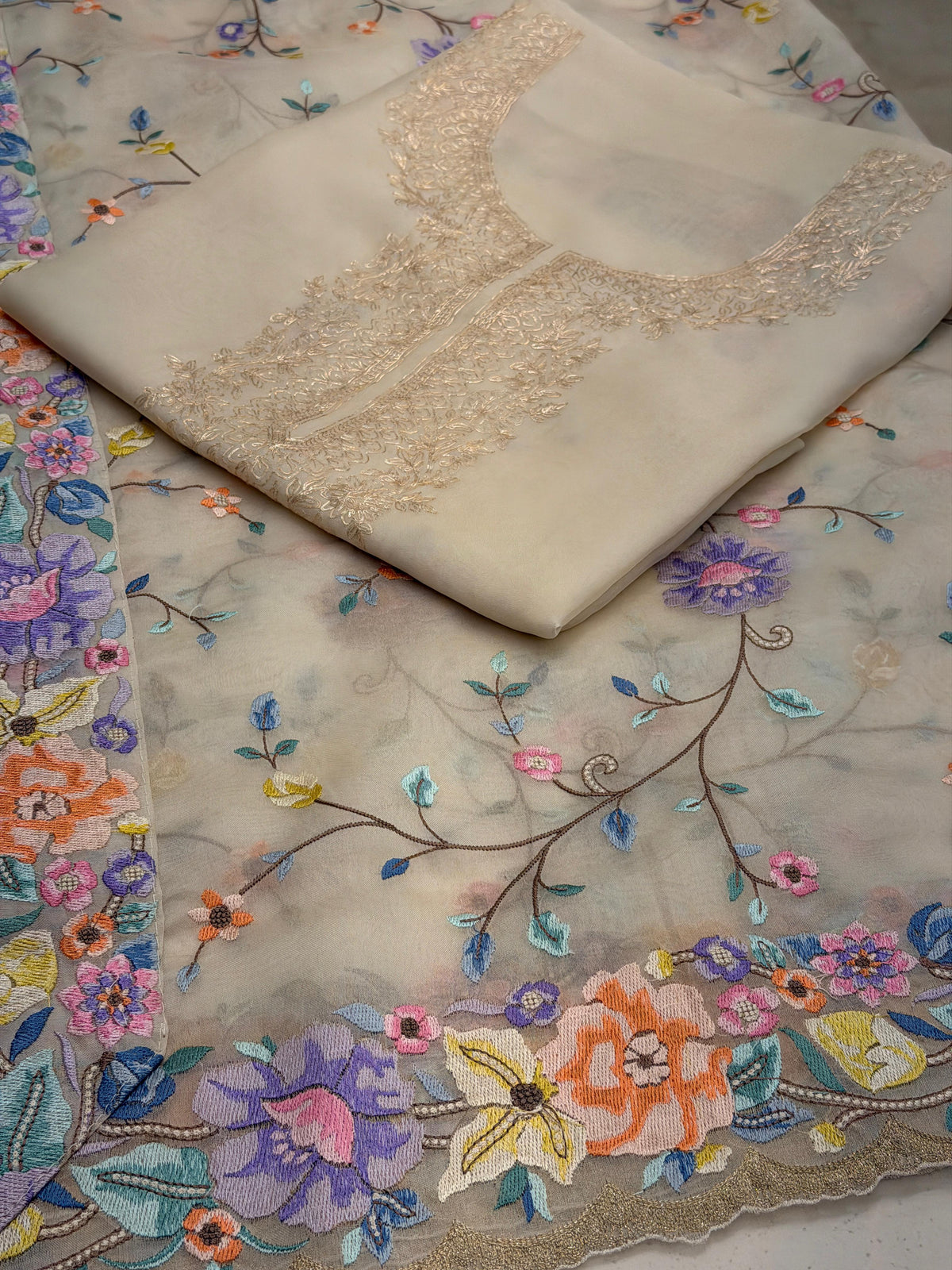 Ivory Parsi Bloom – Pure Organza Embroidered Suit