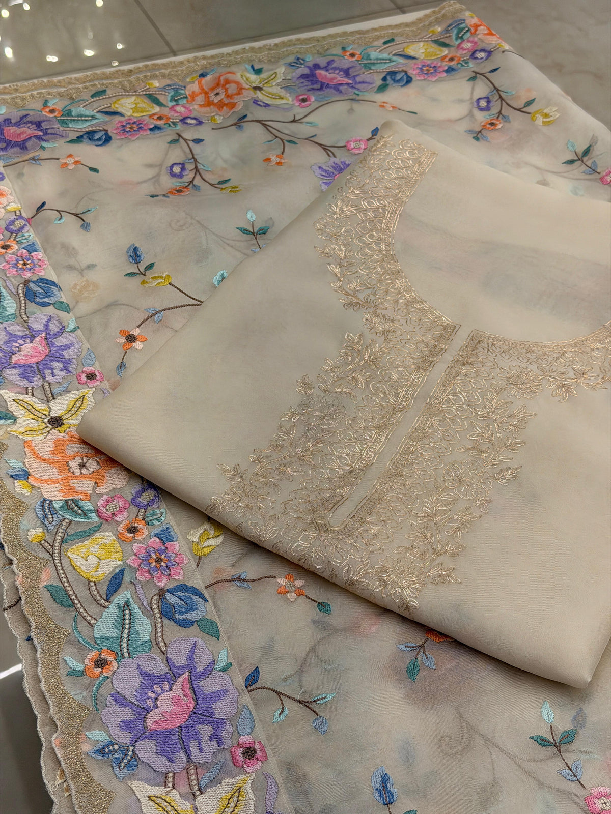 Ivory Parsi Bloom – Pure Organza Embroidered Suit