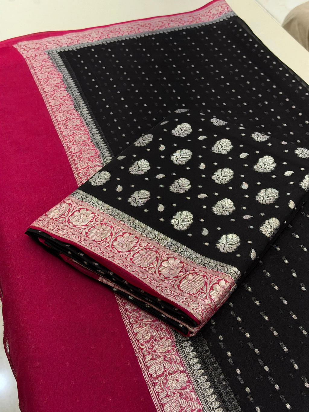 Midnight Black Banarasi Suit With Rani Pink Border