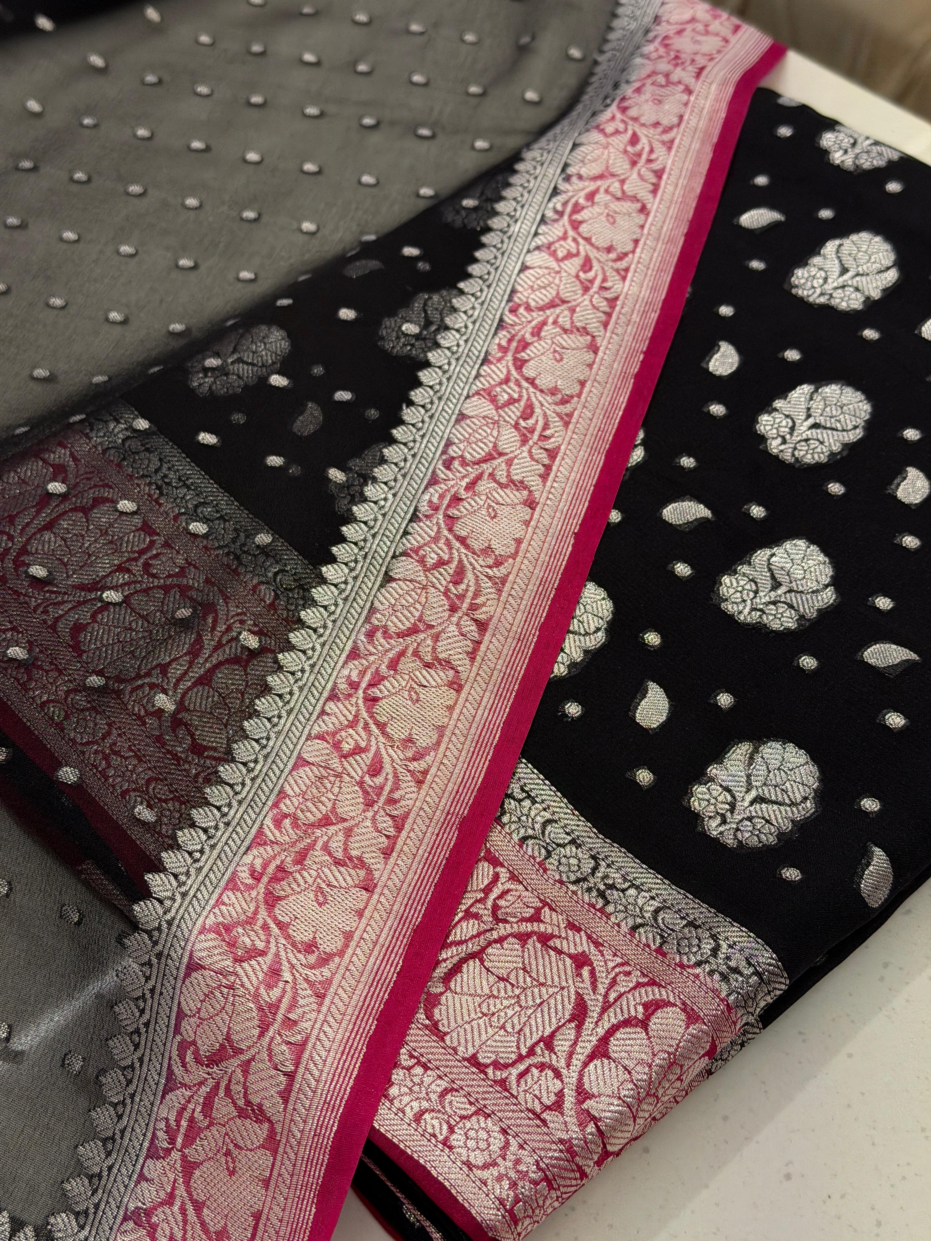 Midnight Black Banarasi Suit With Rani Pink Border