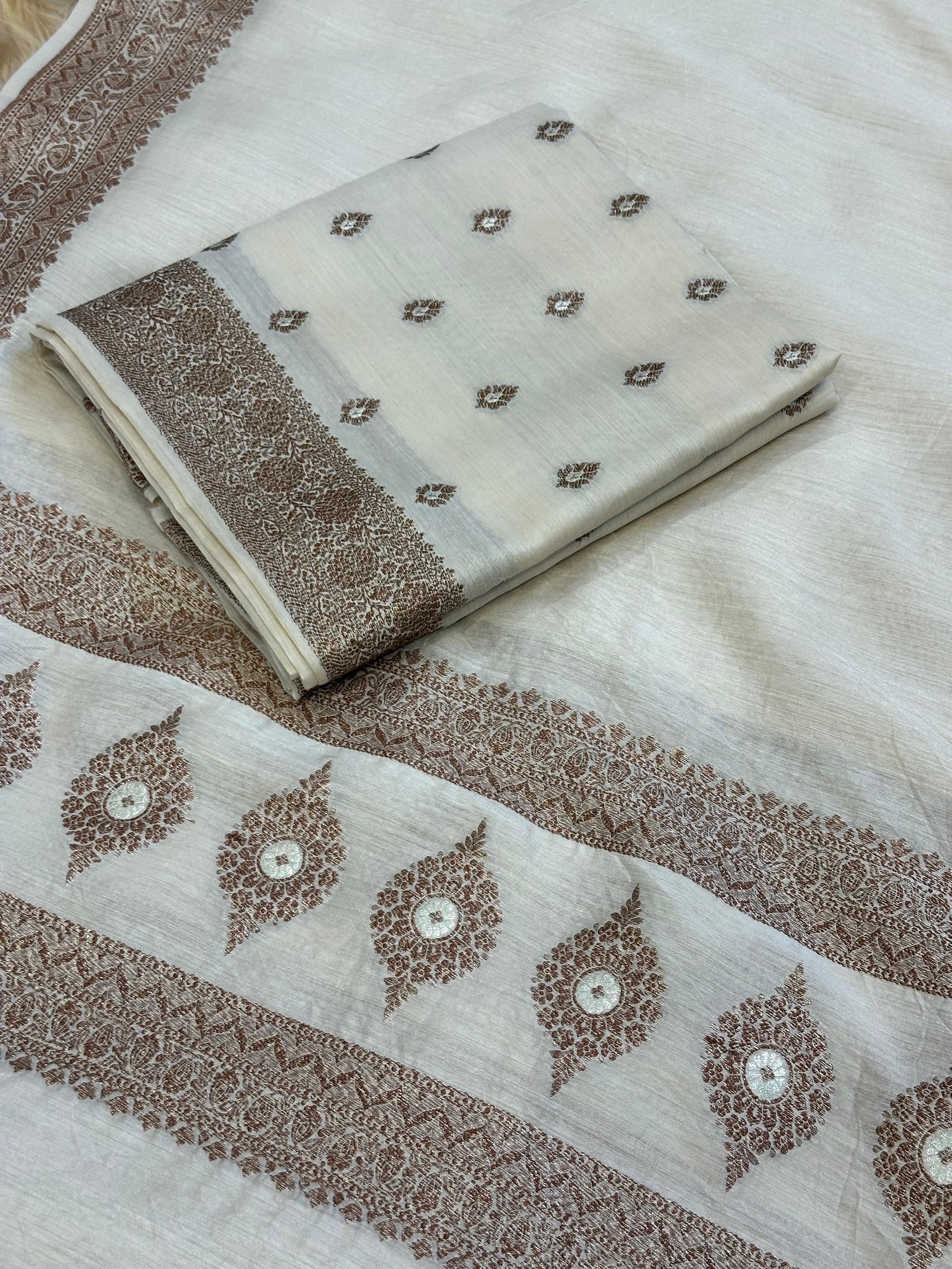 Classic Ivory Pure Monga Silk Suit With Antique Sari Work
