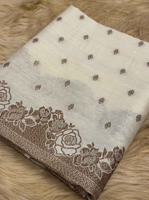 Classic Ivory Pure Monga Silk Suit With Antique Sari Work