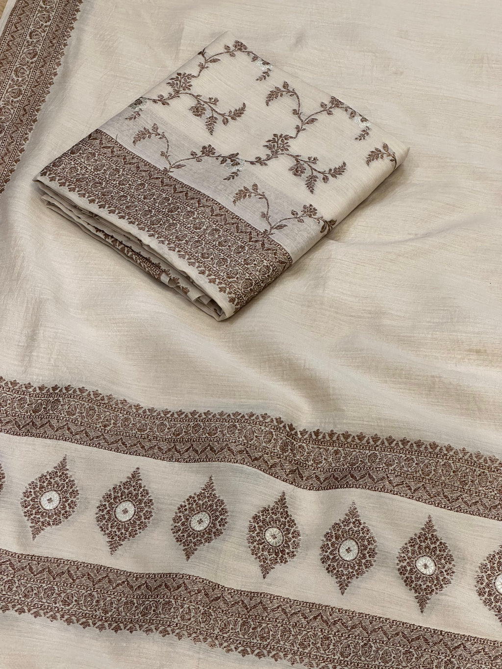 Classic Ivory Pure Monga Silk Suit With Antique Sari Work