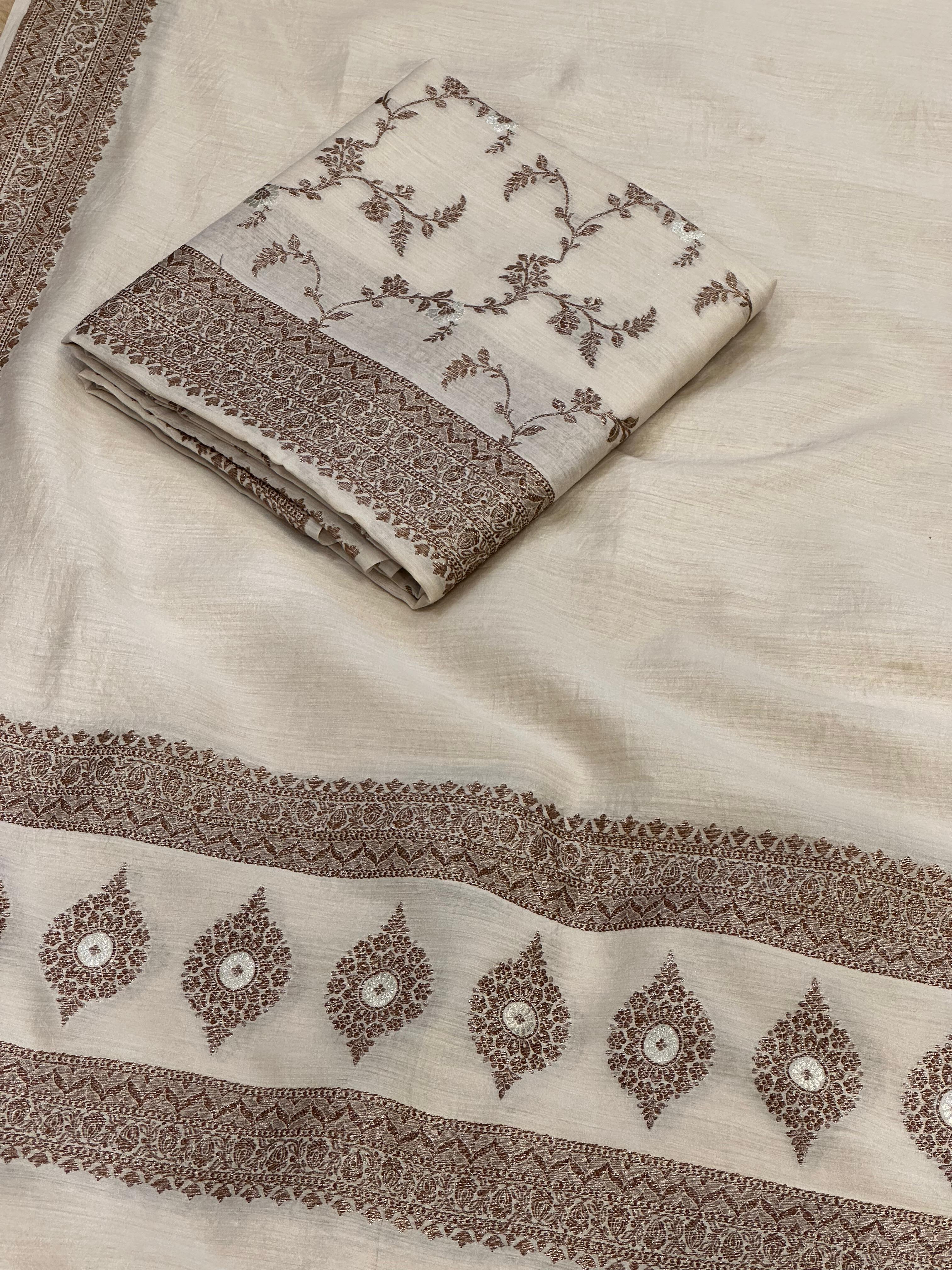 Classic Ivory Pure Monga Silk Suit With Antique Sari Work