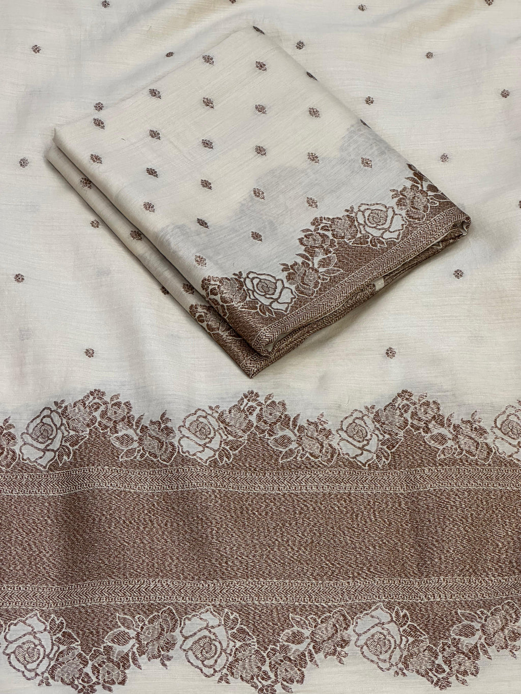Classic Ivory Pure Monga Silk Suit With Antique Sari Work