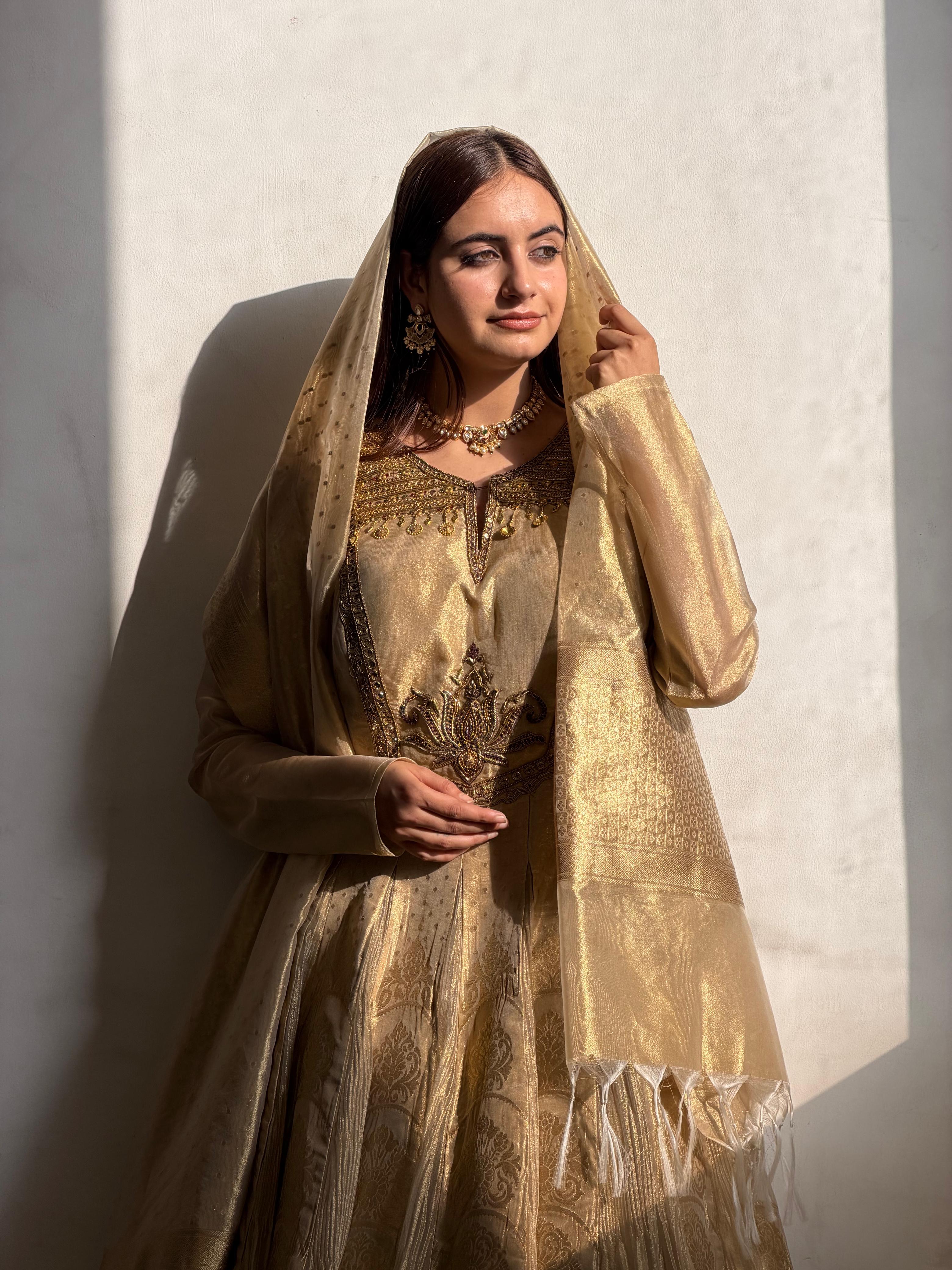 Classic Gold Banarasi Anarkali Ensemble
