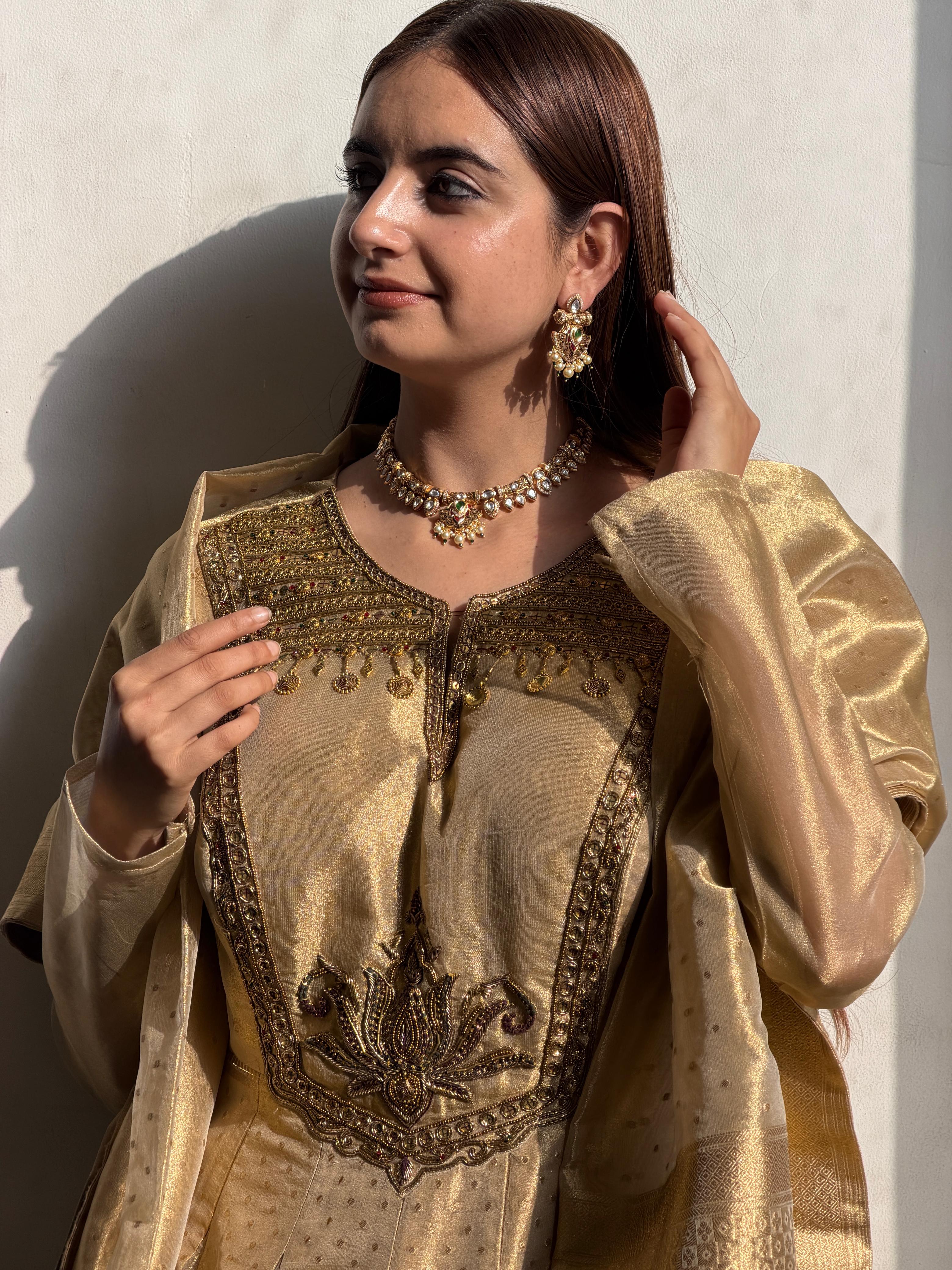 Classic Gold Banarasi Anarkali Ensemble