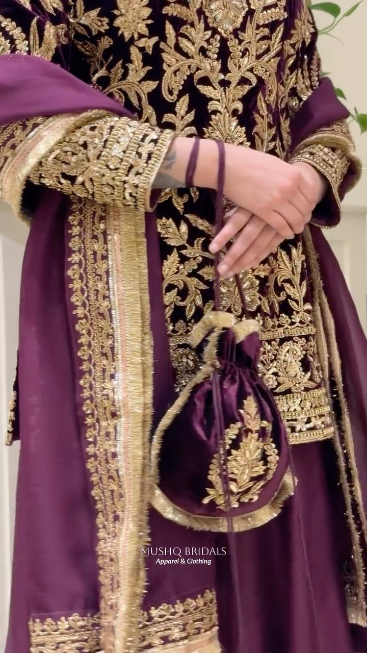 Noor-e-Sultan Velvet Sharara Set with Potli