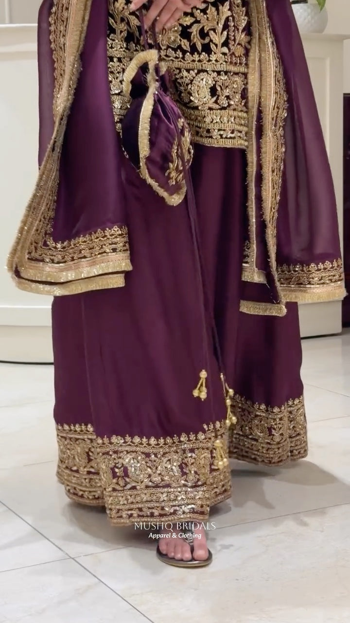 Noor-e-Sultan Velvet Sharara Set with Potli